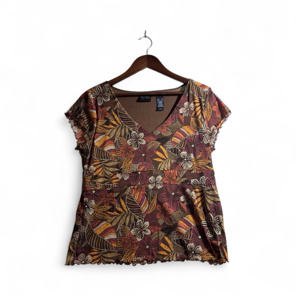 Axcess Floral V-Neck Blouse - Brown and Yellow Size XL Short sleeve